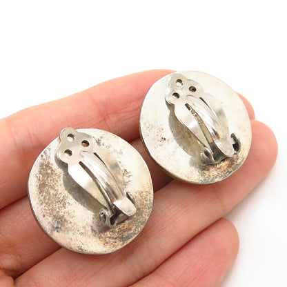 925 Sterling Silver 2-Tone Vintage Mexico Domed Design Round Clip On Earrings