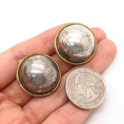 925 Sterling Silver 2-Tone Vintage Mexico Domed Design Round Clip On Earrings