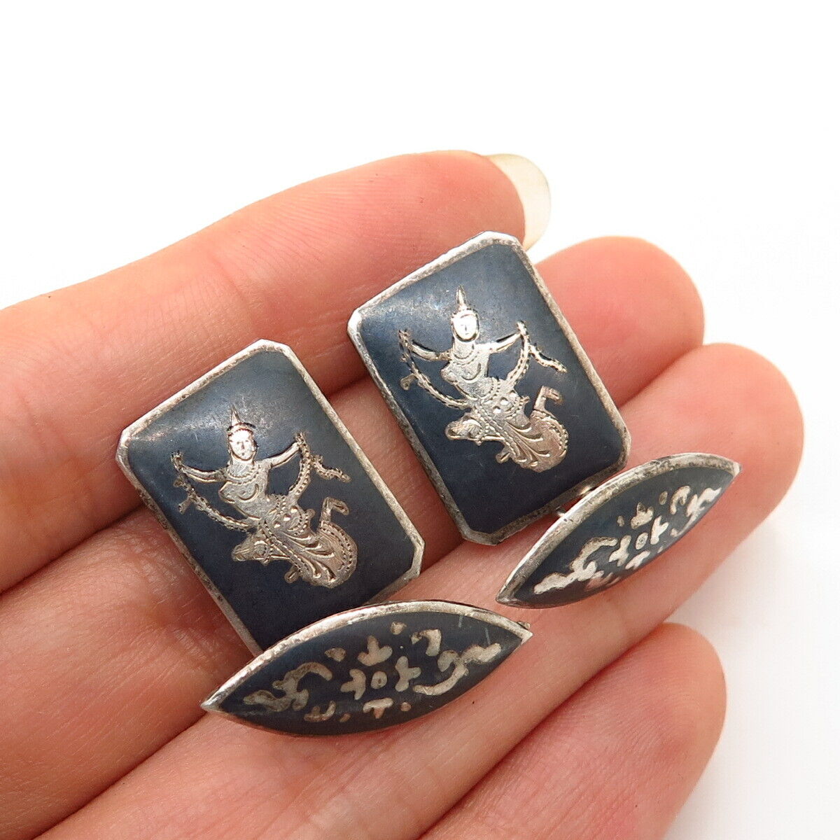 925 Sterling Silver Vintage Siam Niello Hindu Goddess Cufflinks