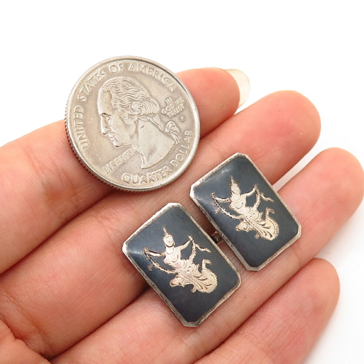 925 Sterling Silver Vintage Siam Niello Hindu Goddess Cufflinks