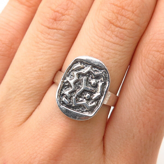 925 Sterling Silver Tribal Design Wide Signet Ring Size 7