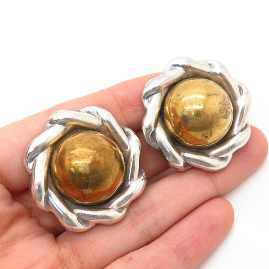 925 Sterling Silver 2-Tone Vintage Mexico Domed Design Hollow Clip On Earrings