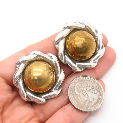 925 Sterling Silver 2-Tone Vintage Mexico Domed Design Hollow Clip On Earrings