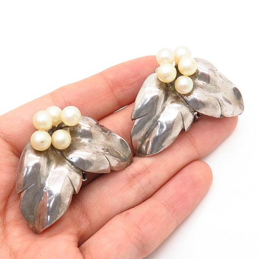 925 Sterling Silver Vintage Faux Pearl Grape & Leaf Clip On Earrings