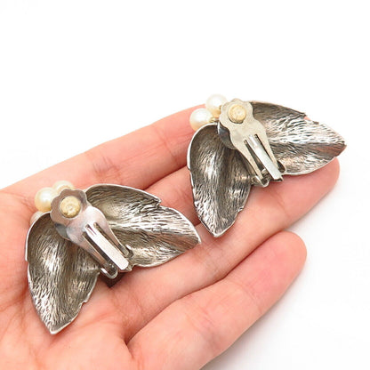 925 Sterling Silver Vintage Faux Pearl Grape & Leaf Clip On Earrings