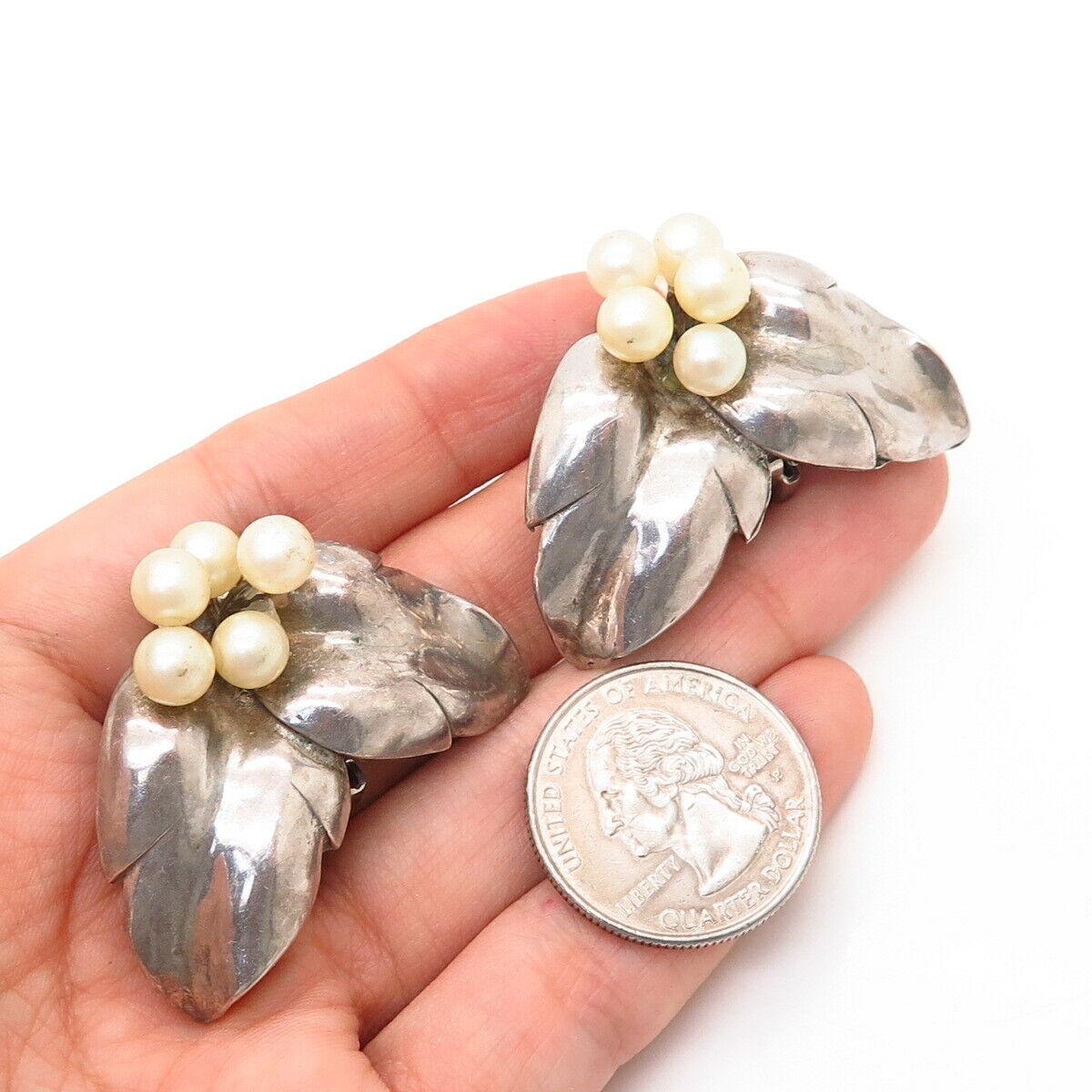 925 Sterling Silver Vintage Faux Pearl Grape & Leaf Clip On Earrings