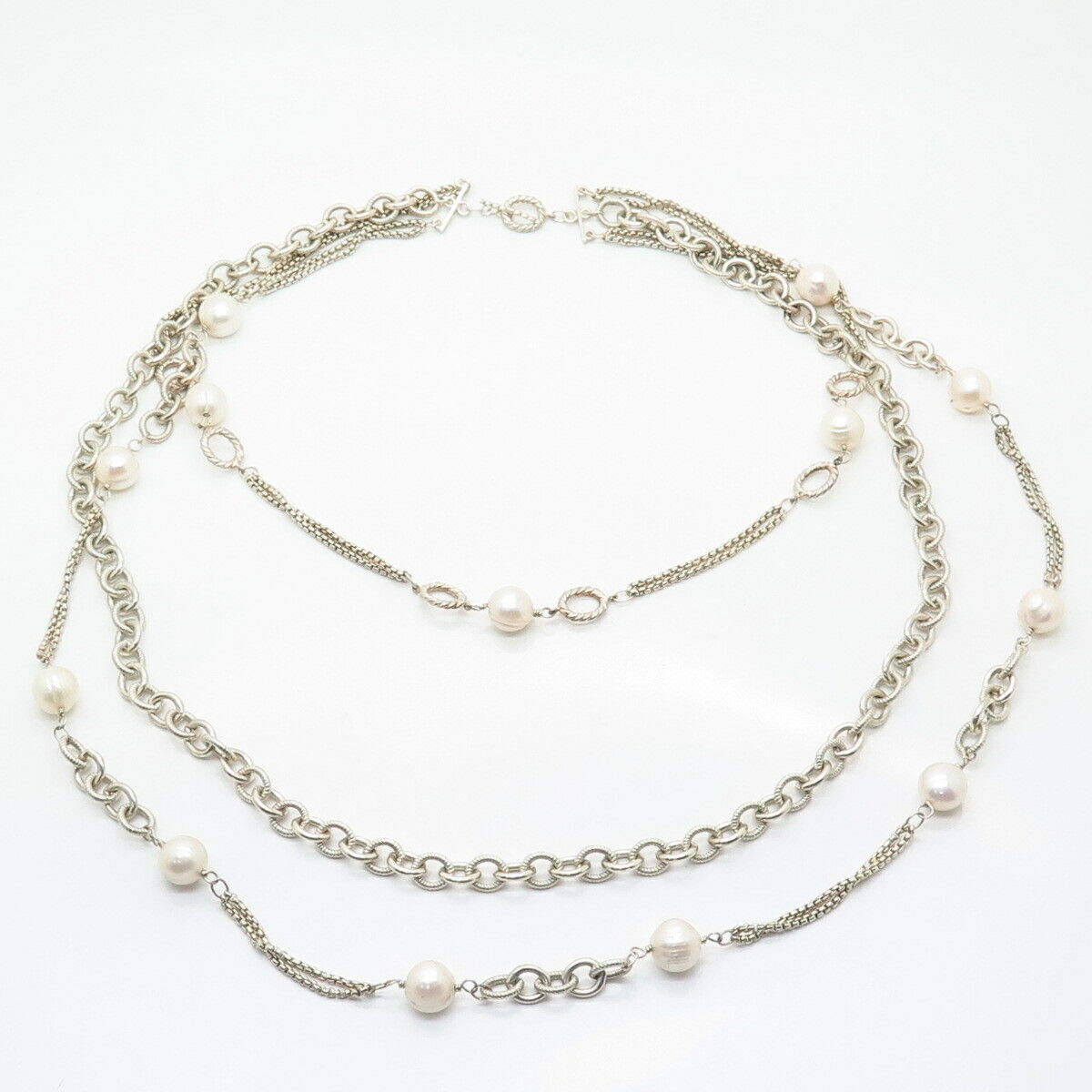 925 Sterling Real Pearl By the Yard Statement Triple Strand Chain Necklace 19"