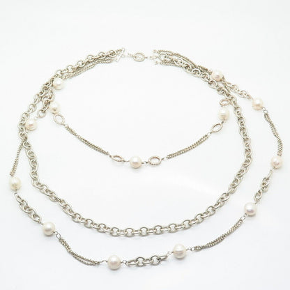 925 Sterling Real Pearl By the Yard Statement Triple Strand Chain Necklace 19"