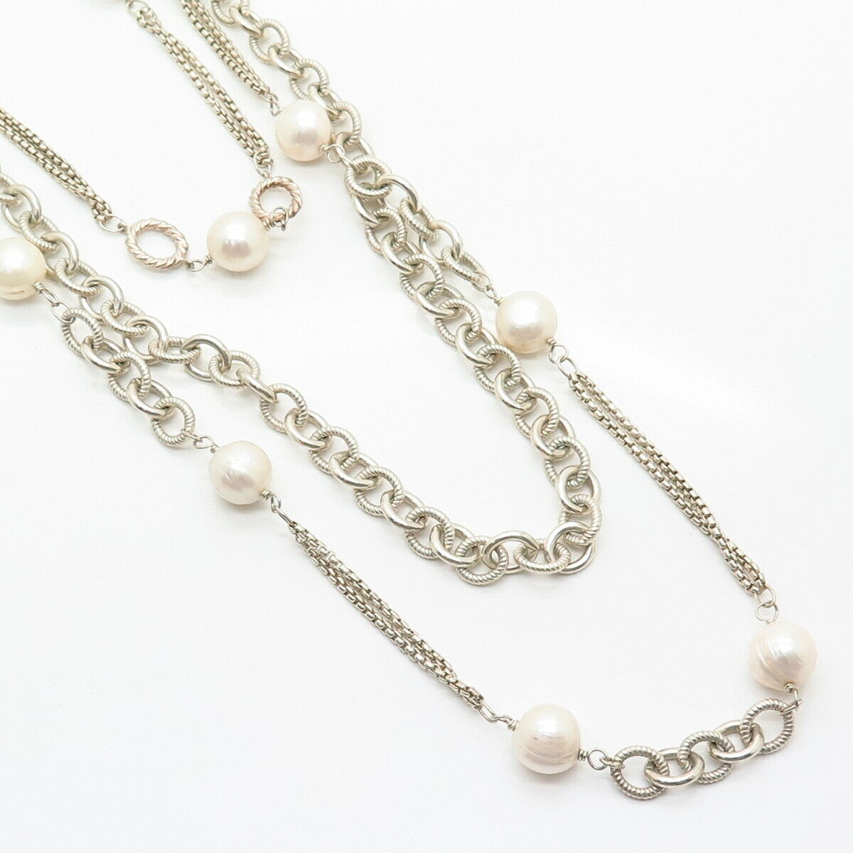 925 Sterling Real Pearl By the Yard Statement Triple Strand Chain Necklace 19"