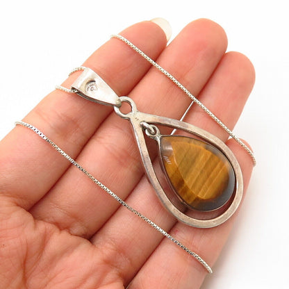 925 Sterling Silver Italy Real Tiger Eye Gemstone Pendant Box Chain Necklace 17"