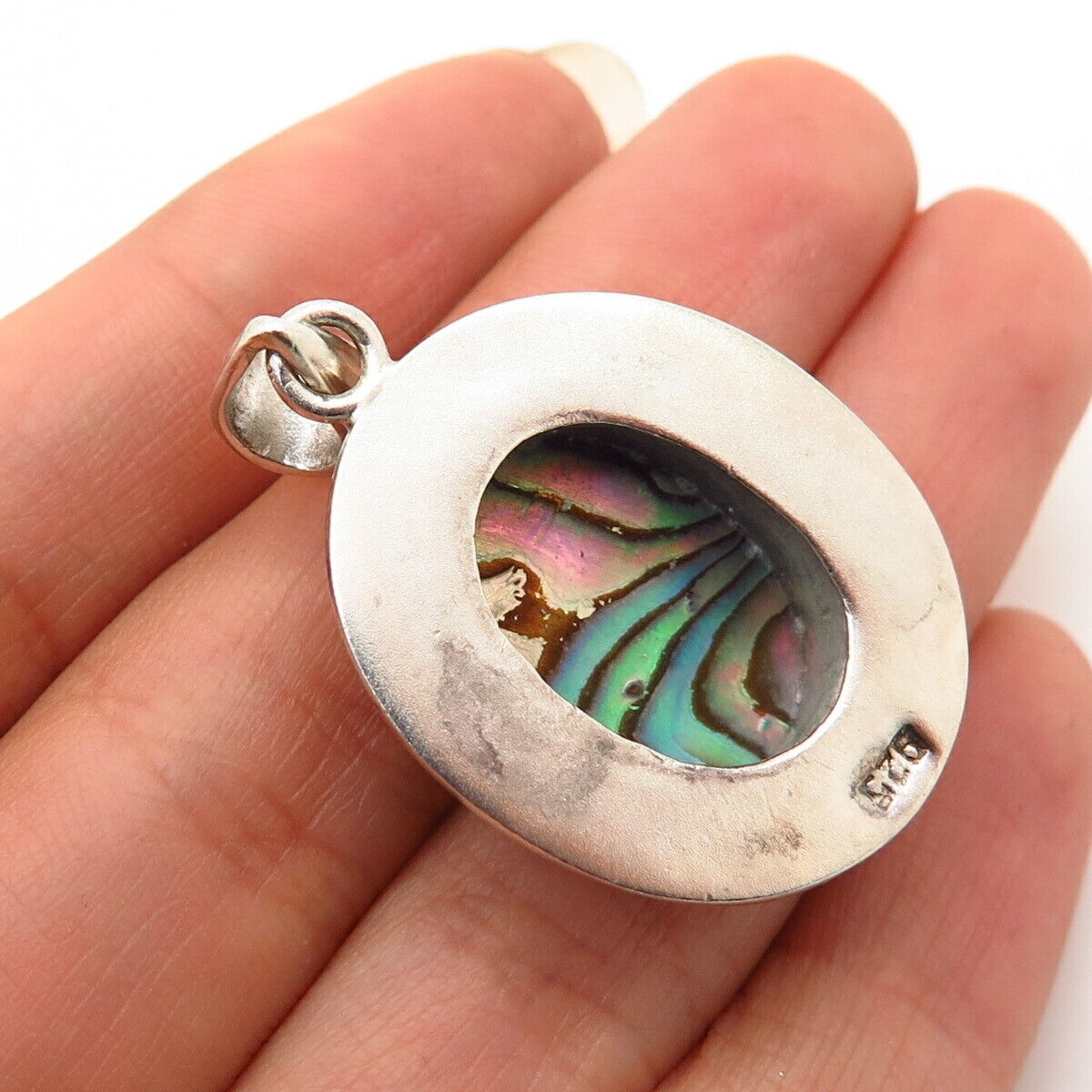 925 Sterling Silver Real Abalone Shell Oval Design Pendant