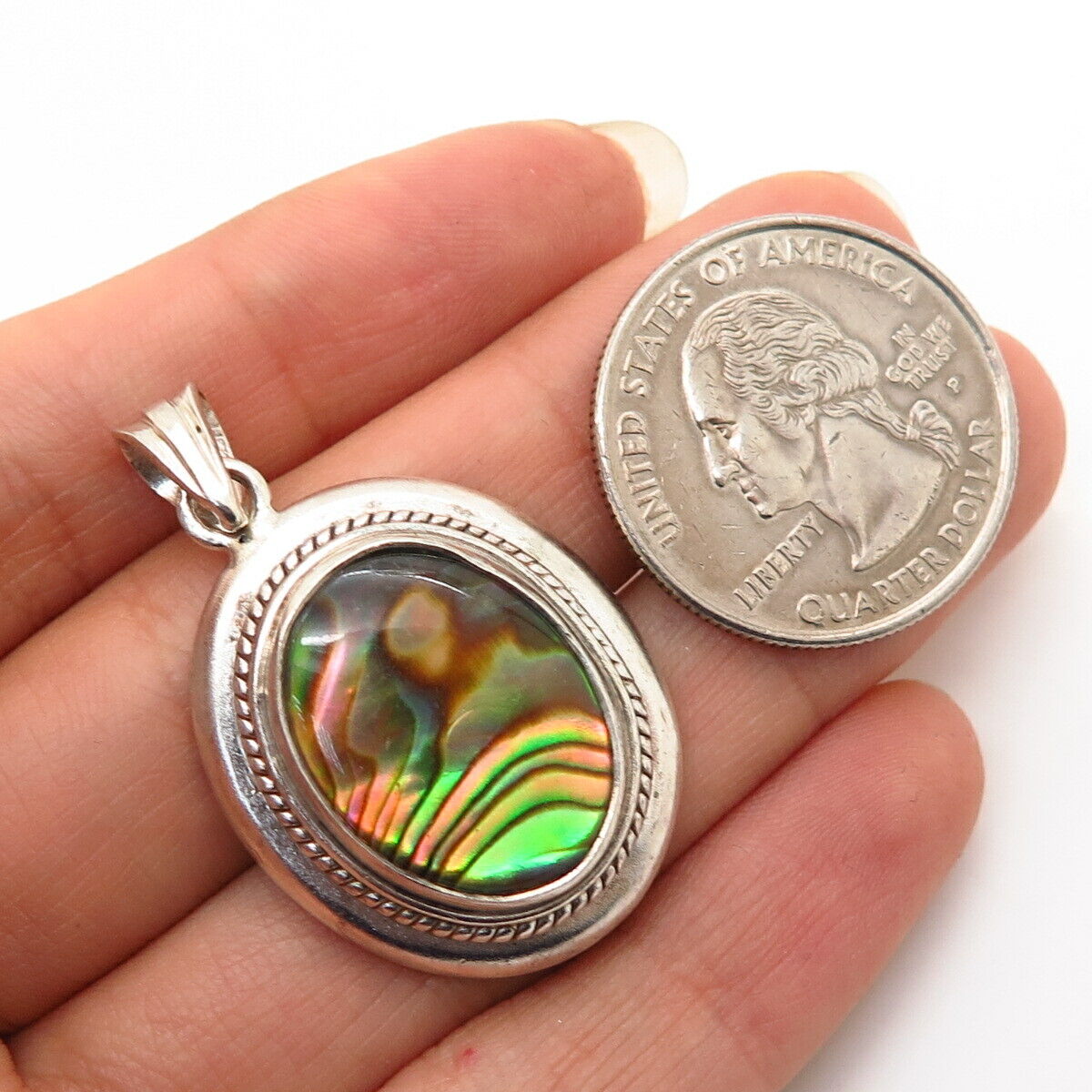 925 Sterling Silver Real Abalone Shell Oval Design Pendant