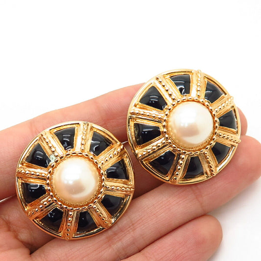 Gold-Tone St. John Faux Pearl & Enamel Round Clip On Earrings