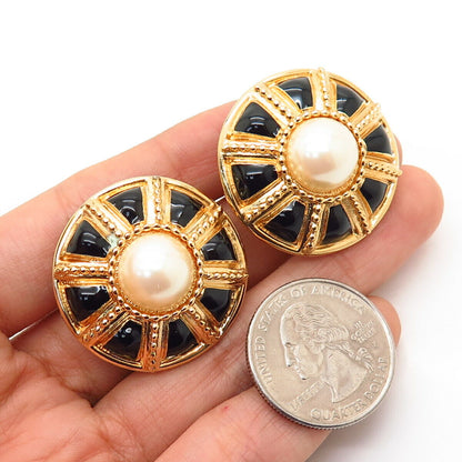 Gold-Tone St. John Faux Pearl & Enamel Round Clip On Earrings