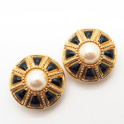 Gold-Tone St. John Faux Pearl & Enamel Round Clip On Earrings