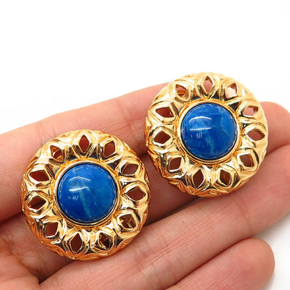 Gold-Tone St. John Real Azurite Gem Round Clip On Earrings