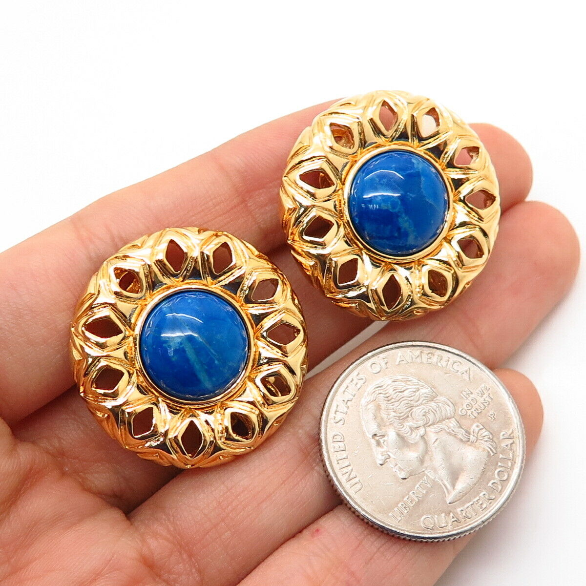 Gold-Tone St. John Real Azurite Gem Round Clip On Earrings