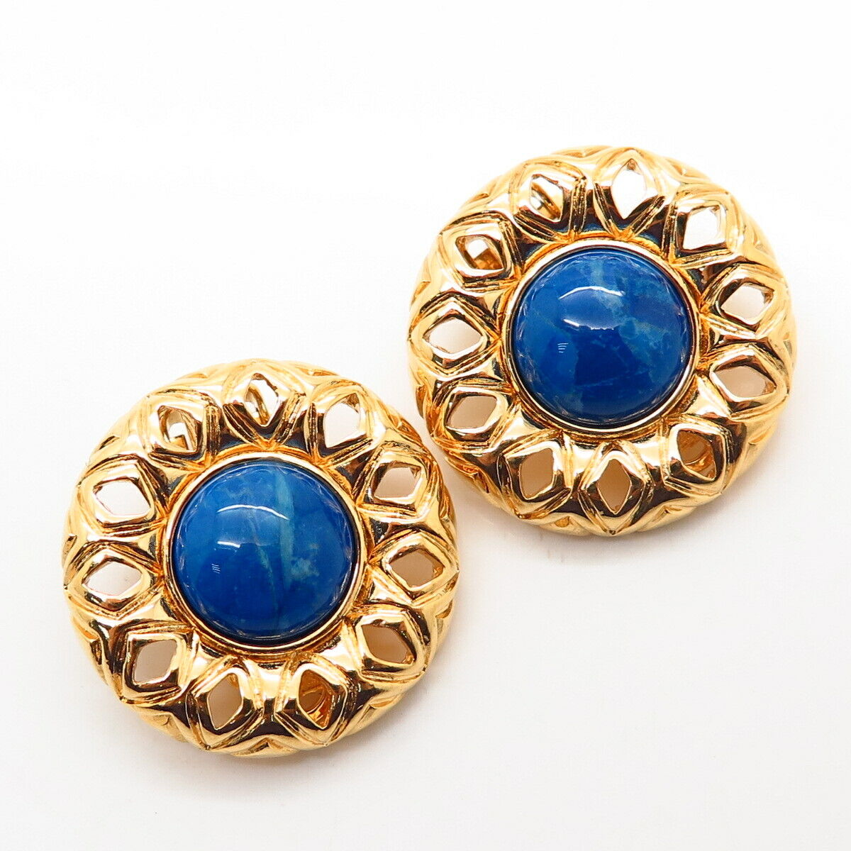 Gold-Tone St. John Real Azurite Gem Round Clip On Earrings