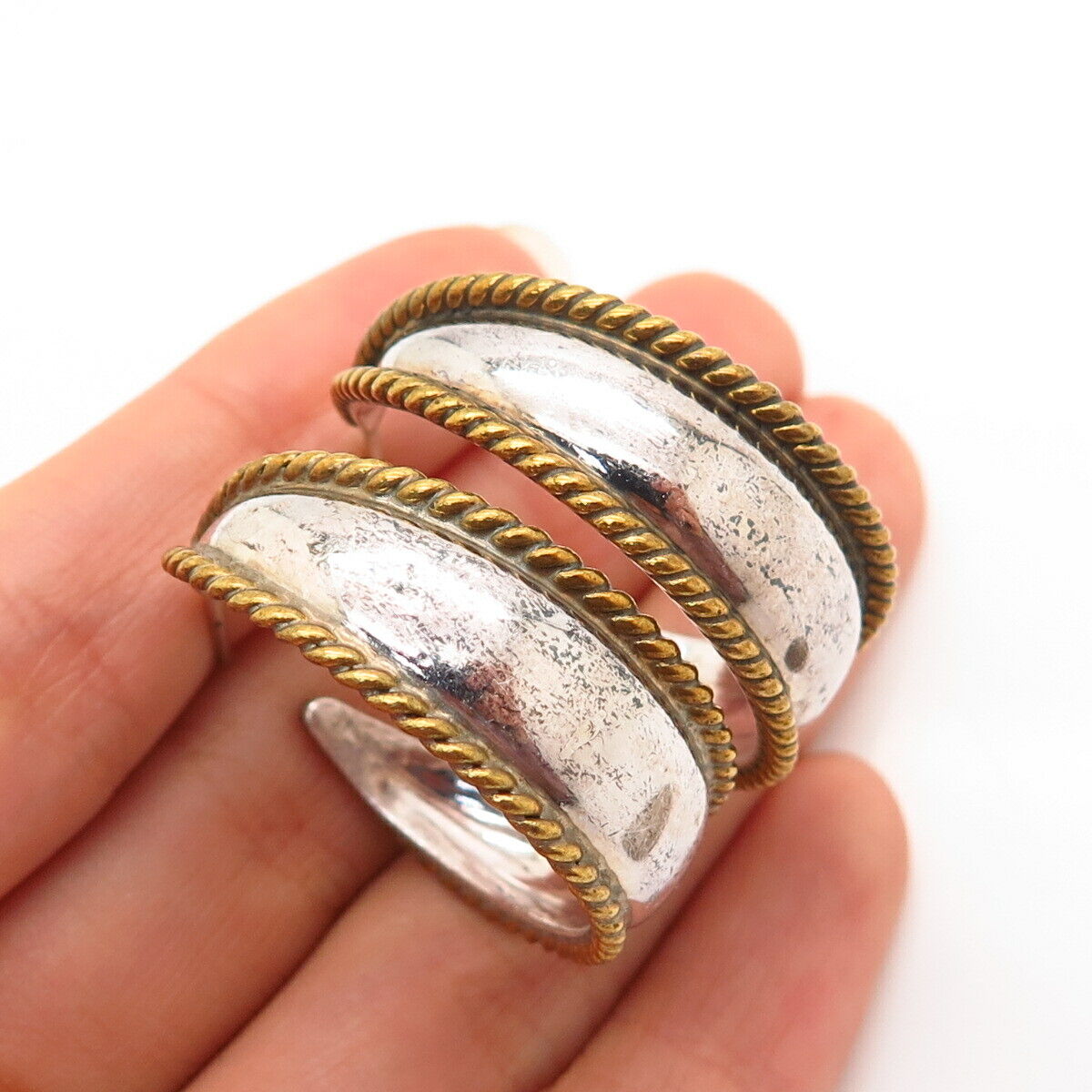 925 Sterling Silver 2-Tone Vintage Mexico Half Hoop Earrings