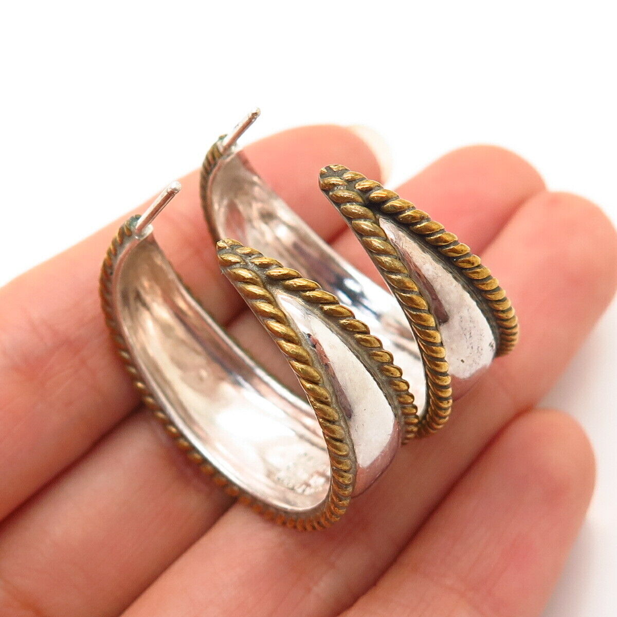 925 Sterling Silver 2-Tone Vintage Mexico Half Hoop Earrings