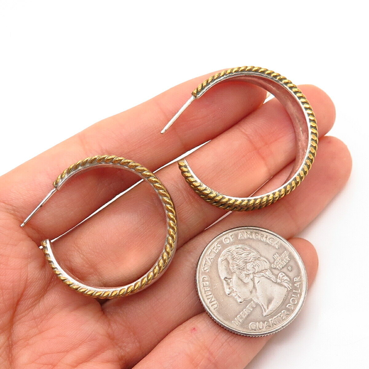 925 Sterling Silver 2-Tone Vintage Mexico Half Hoop Earrings