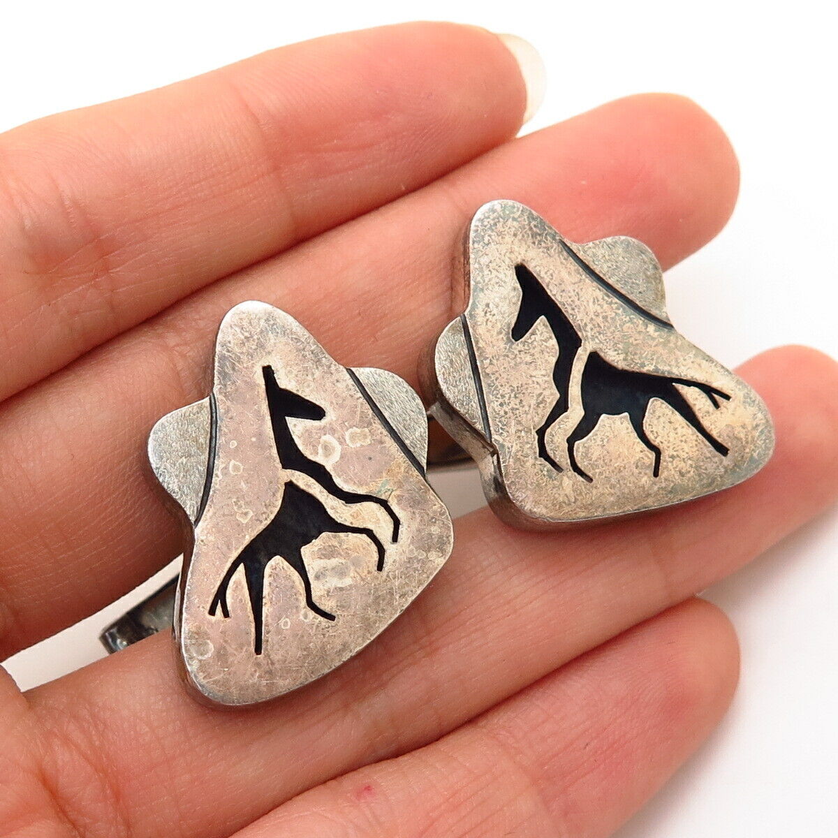 925 Sterling Silver Vintage Cutout Frisky Horse Tribal Design Cufflinks