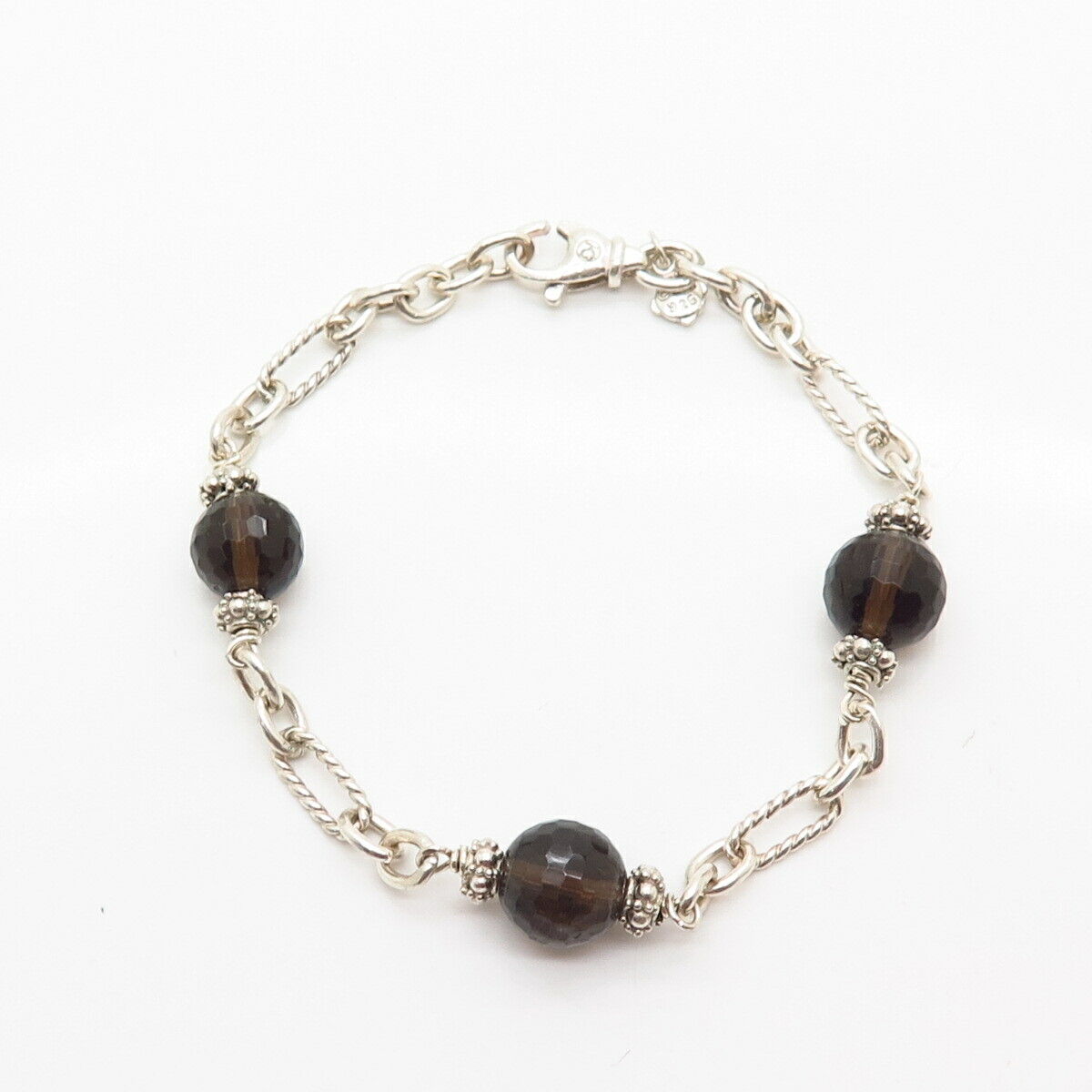 925 Sterling Silver Real Smoky Quartz Bead Design Oval Link Bracelet 7"