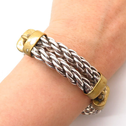 925 Sterling 2-Tone Vintage Mexico Heavy 2-Row Twisted Rope Link Bracelet 7"