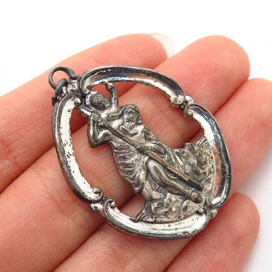 925 Sterling Silver Vintage Creed St. Christopher Religious Design Pendant