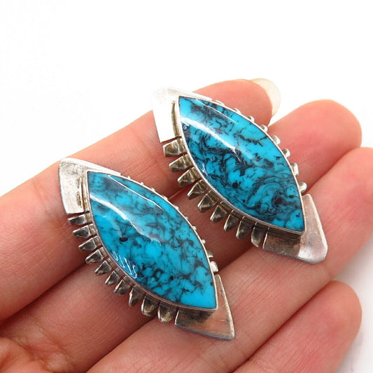 925 Sterling Silver Vintage Mexico Turquoise Gem Modernist Clip On Earrings