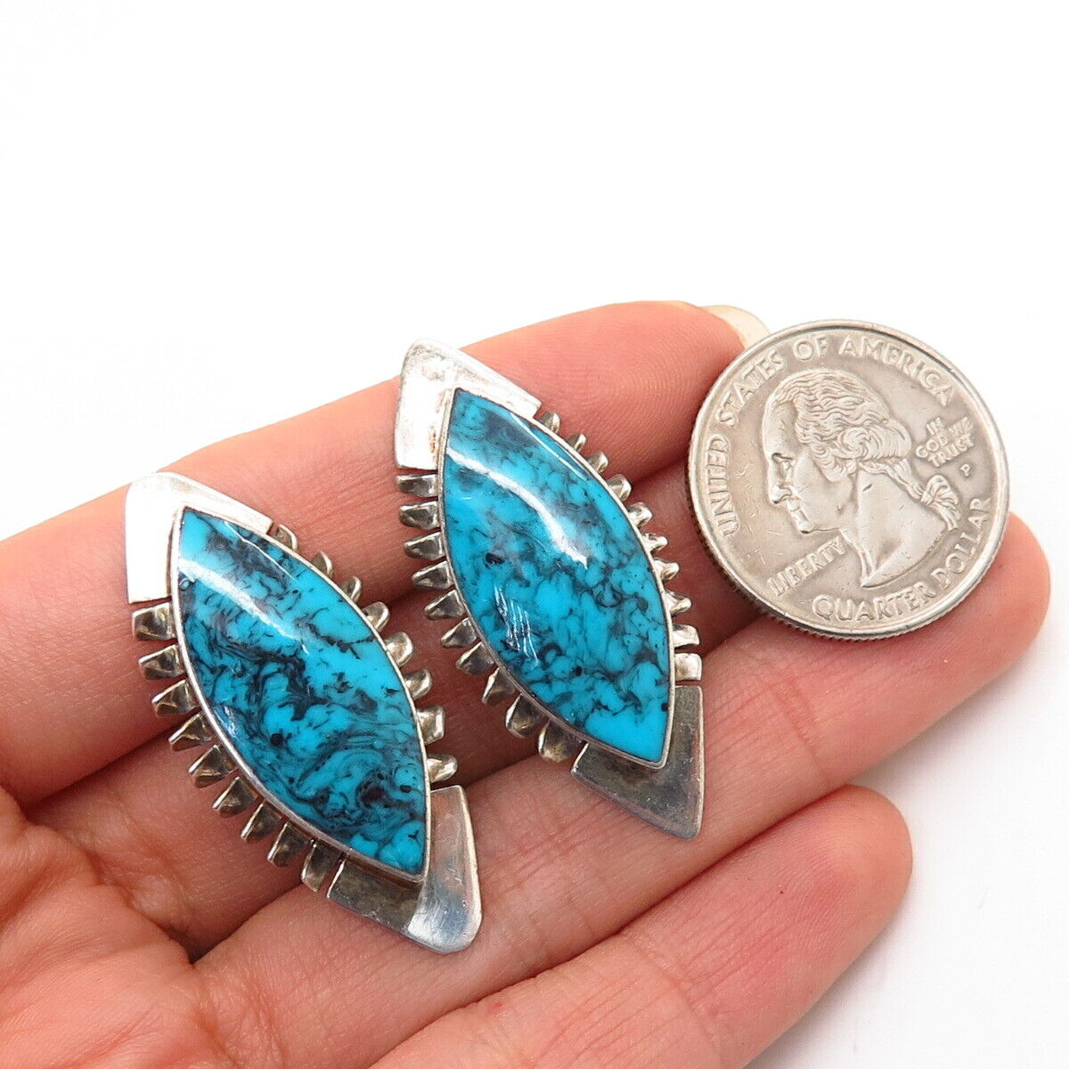 925 Sterling Silver Vintage Mexico Turquoise Gem Modernist Clip On Earrings