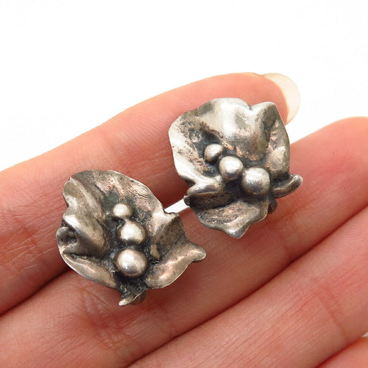 925 Sterling Silver Vintage Leaf & Bead Design Screw Back Earrings