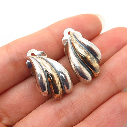 925 Sterling Silver 2-Tone Modernist Ribbed Design Clip On Earrings