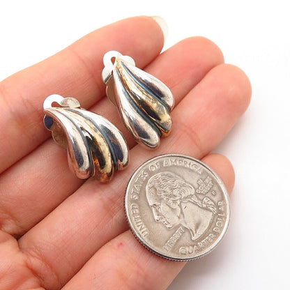 925 Sterling Silver 2-Tone Modernist Ribbed Design Clip On Earrings