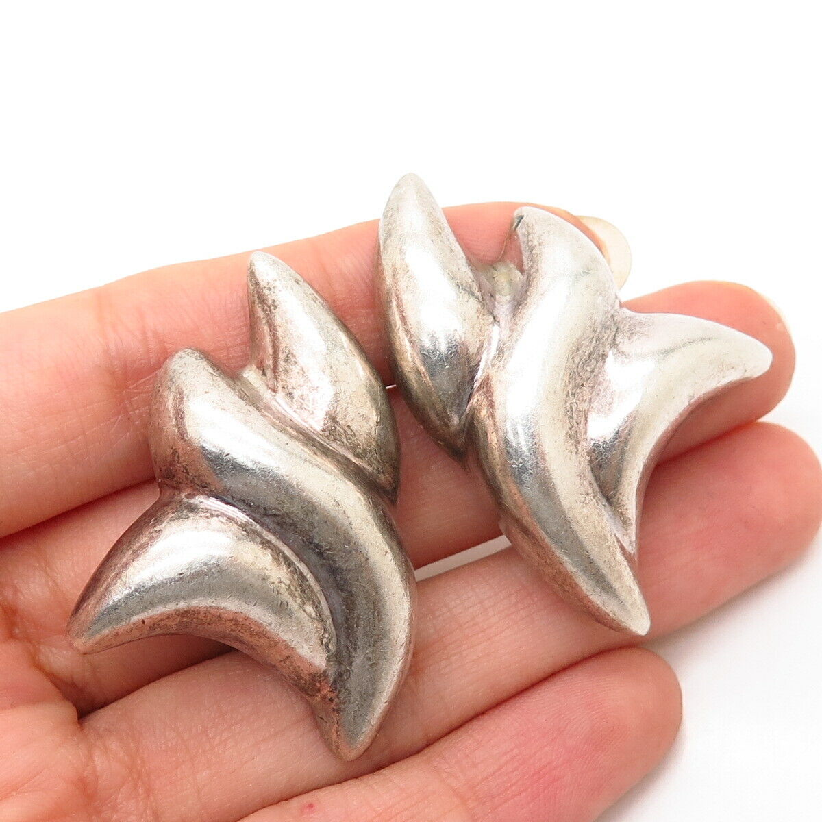 925 Sterling Silver Vintage Mexico Modernist Floral Large Clip On Earrings