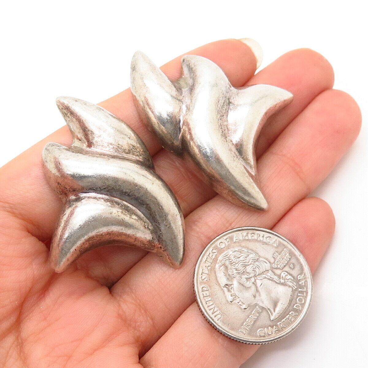 925 Sterling Silver Vintage Mexico Modernist Floral Large Clip On Earrings