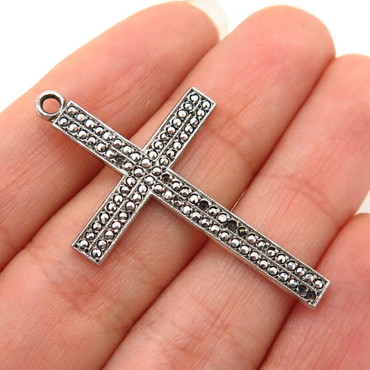 925 Sterling Silver Vintage Real Marcasite Gem Cross Pendant