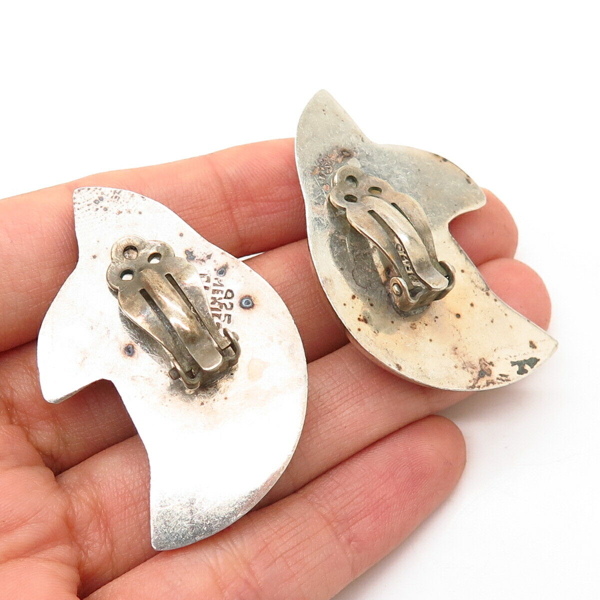 925 Sterling Silver Vintage Mexico Modernist Puffy Large Clip On Earrings