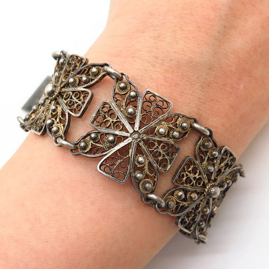 925 Sterling 2-Tone Vintage Filigree Floral Design Panel Link Bracelet 6 3/4"