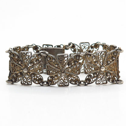 925 Sterling 2-Tone Vintage Filigree Floral Design Panel Link Bracelet 6 3/4"