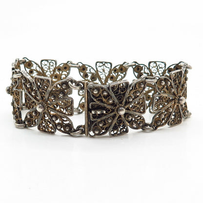 925 Sterling 2-Tone Vintage Filigree Floral Design Panel Link Bracelet 6 3/4"