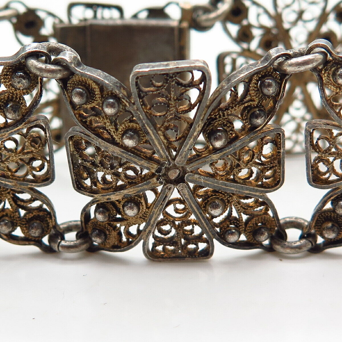 925 Sterling 2-Tone Vintage Filigree Floral Design Panel Link Bracelet 6 3/4"