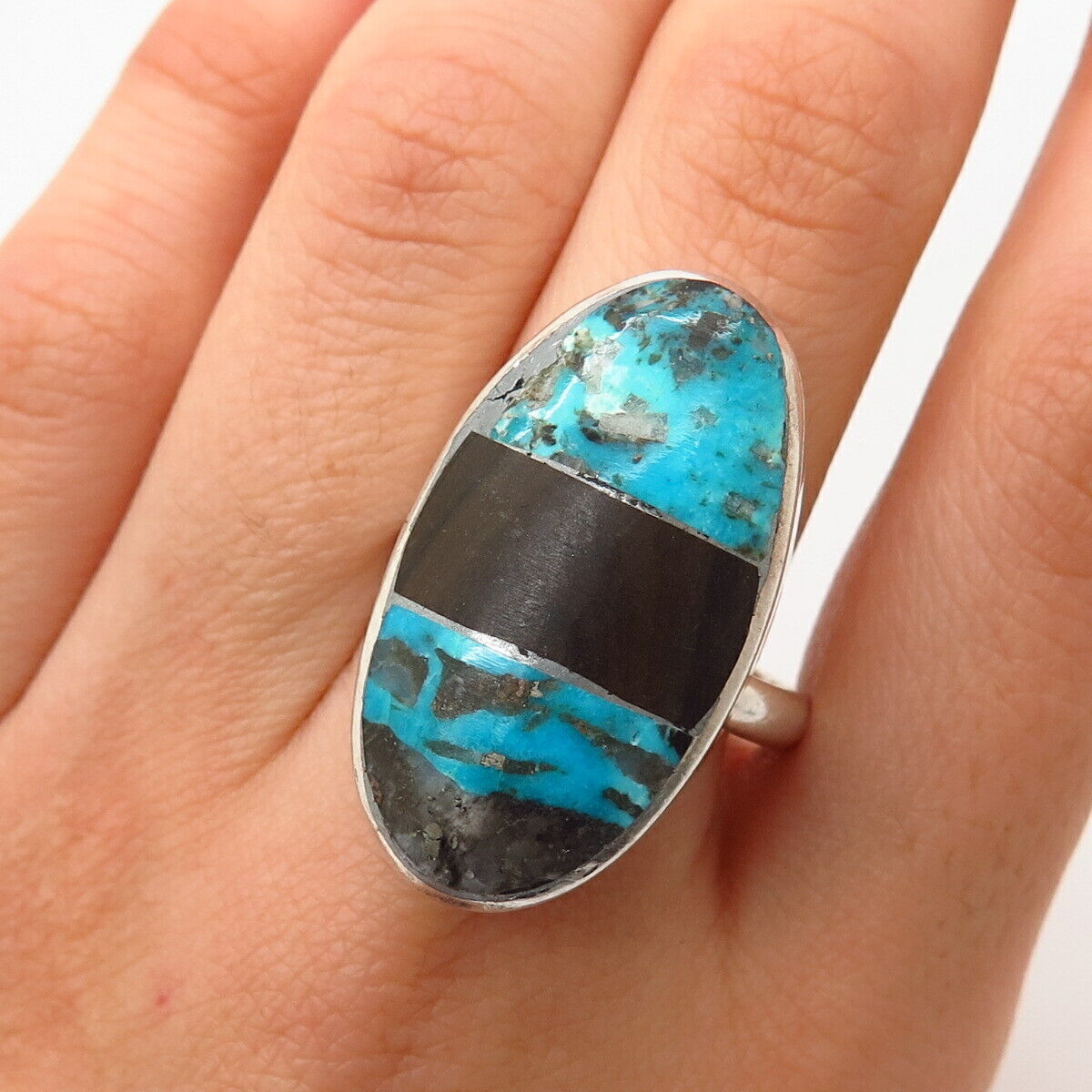 925 Sterling Silver Vintage Real Turquoise Gem & Wood Wide Ring Size 10 3/4