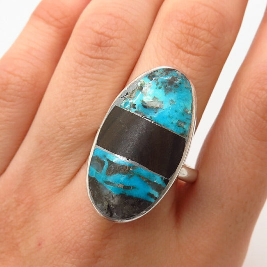 925 Sterling Silver Vintage Real Turquoise Gem & Wood Wide Ring Size 10 3/4