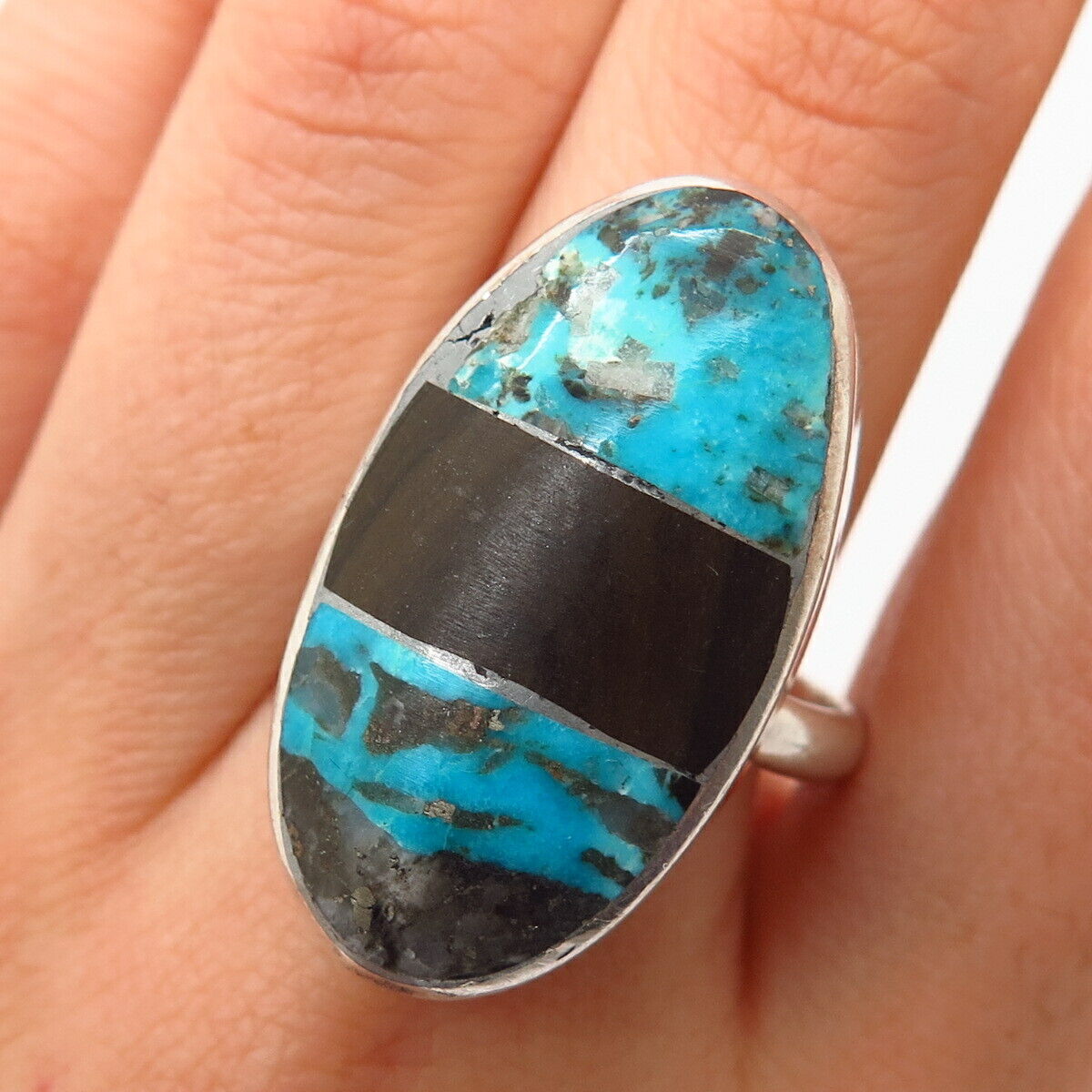 925 Sterling Silver Vintage Real Turquoise Gem & Wood Wide Ring Size 10 3/4