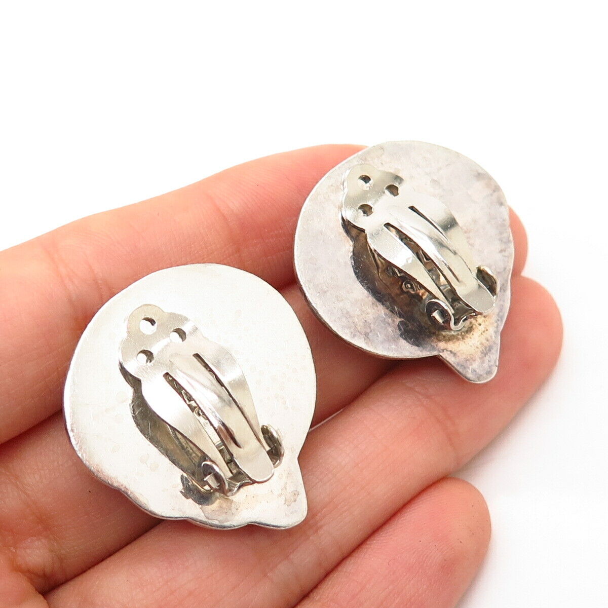 925 Sterling Silver Vintage Mexico Modernist Design Hollow Clip On Earrings