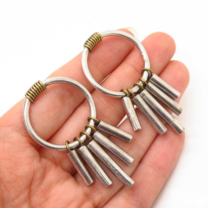 925 Sterling Silver 2-Tone Vintage Modernist Design Dangling Earrings