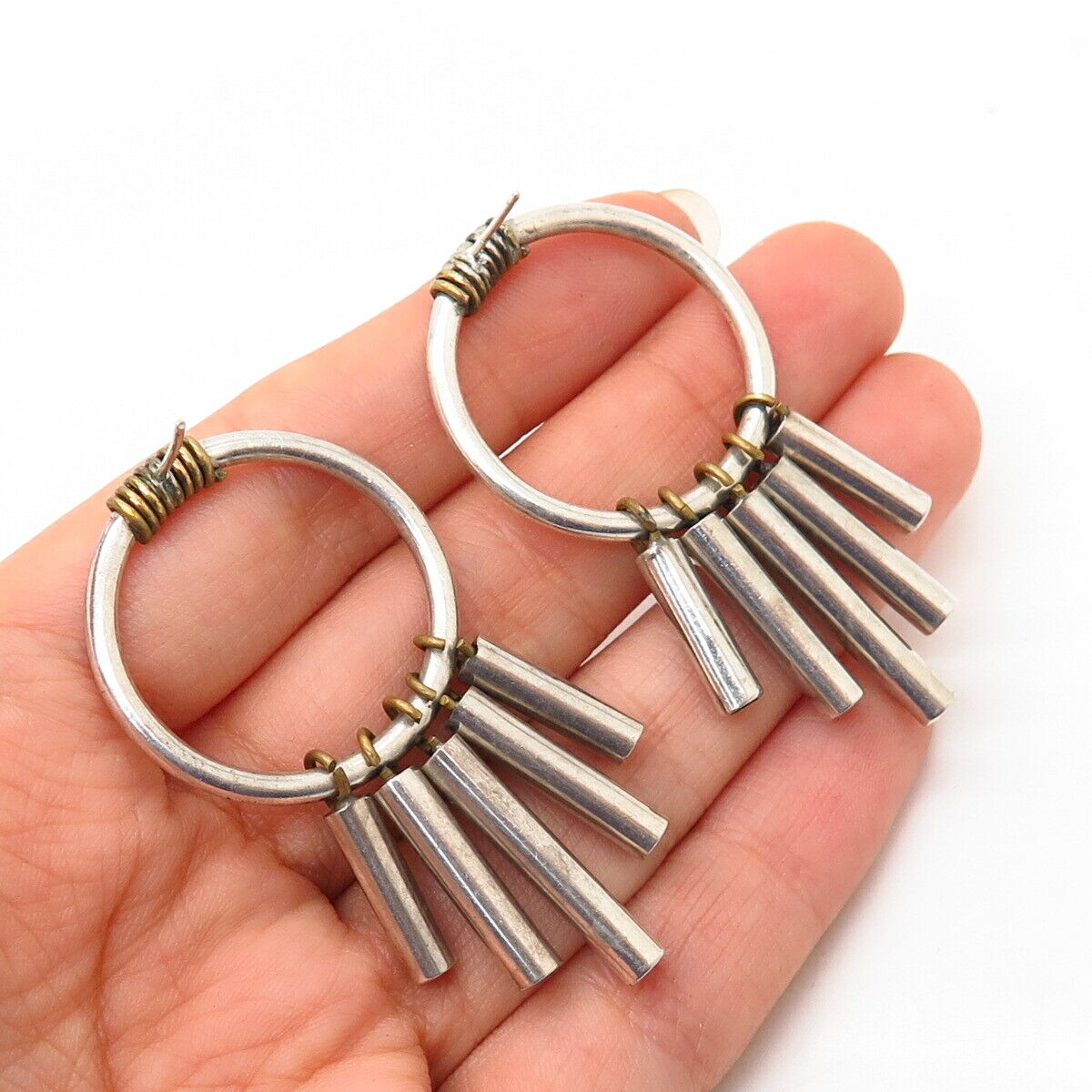 925 Sterling Silver 2-Tone Vintage Modernist Design Dangling Earrings