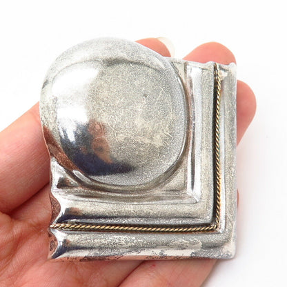 925 Sterling 2-Tone Vintage Mexico Modernist Large Hollow Pin Brooch / Pendant