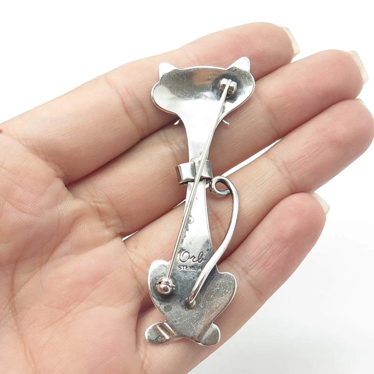 925 Sterling Silver Vintage Orb Silversmith Cat Modernist Pin Brooch